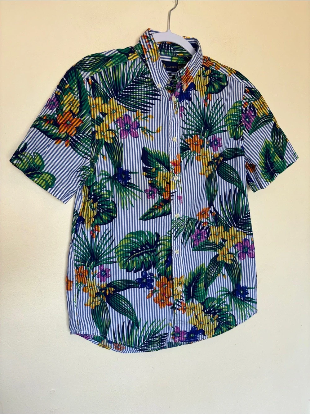 Ralph Lauren Boys Sz XL Striped Floral Cotton Shirt Tropical Vacation Preppy